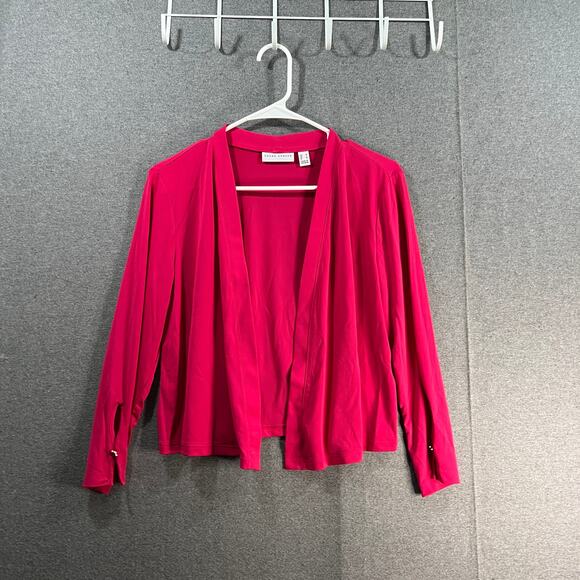 Susan Graver Liquid Knit Open-Front 3/4 Sleeve Shirve w/Bu Pink Burst, Medium - Picture 1 of 10